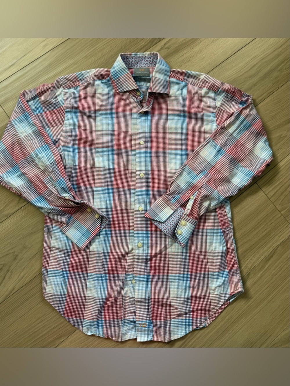 Thomas Dean Red White & Blue Plaid Men's Button-Down Pima Cotton Roll Cuff Sz S